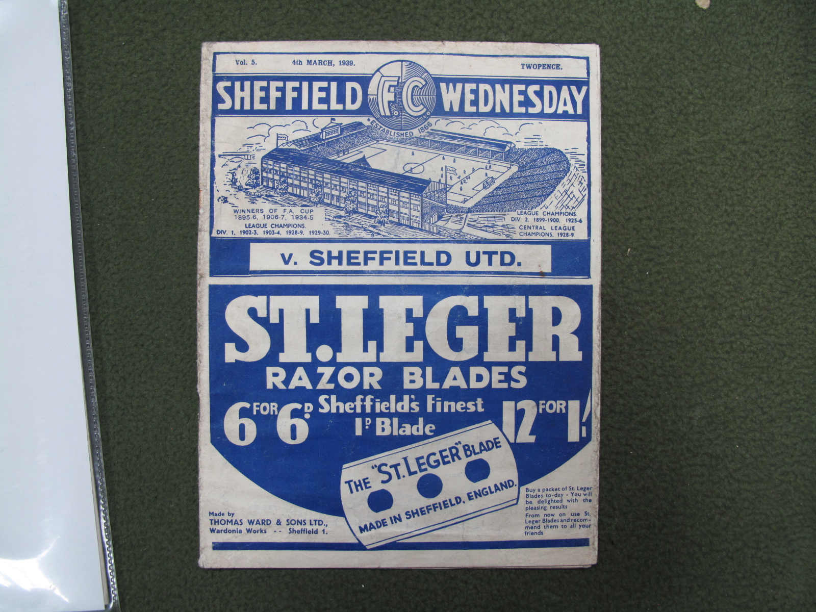 1938-9 Sheffield Wednesday V. Sheffield United F.A Cup Dated 4th March 1939, (tape to inner