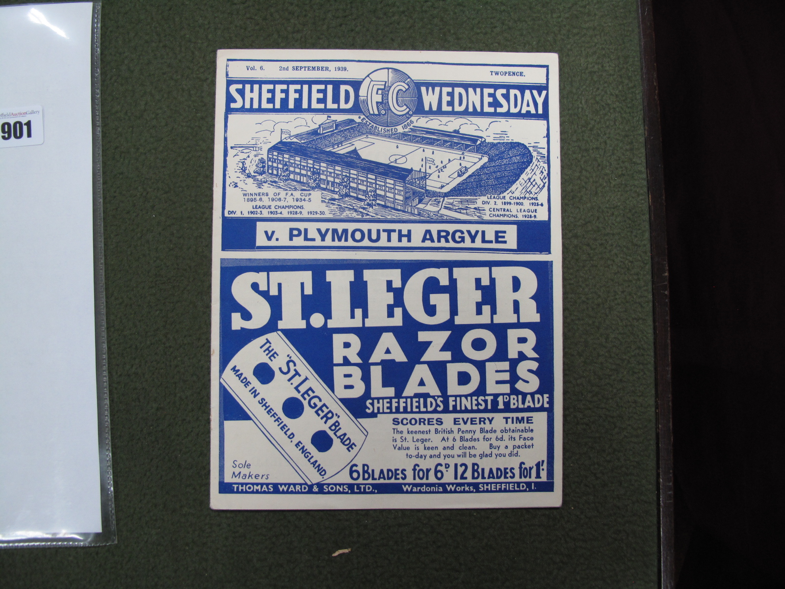 1939-40 Sheffield Wednesday V. Plymouth Argyle Programme Dated 2nd September 1939, last match before