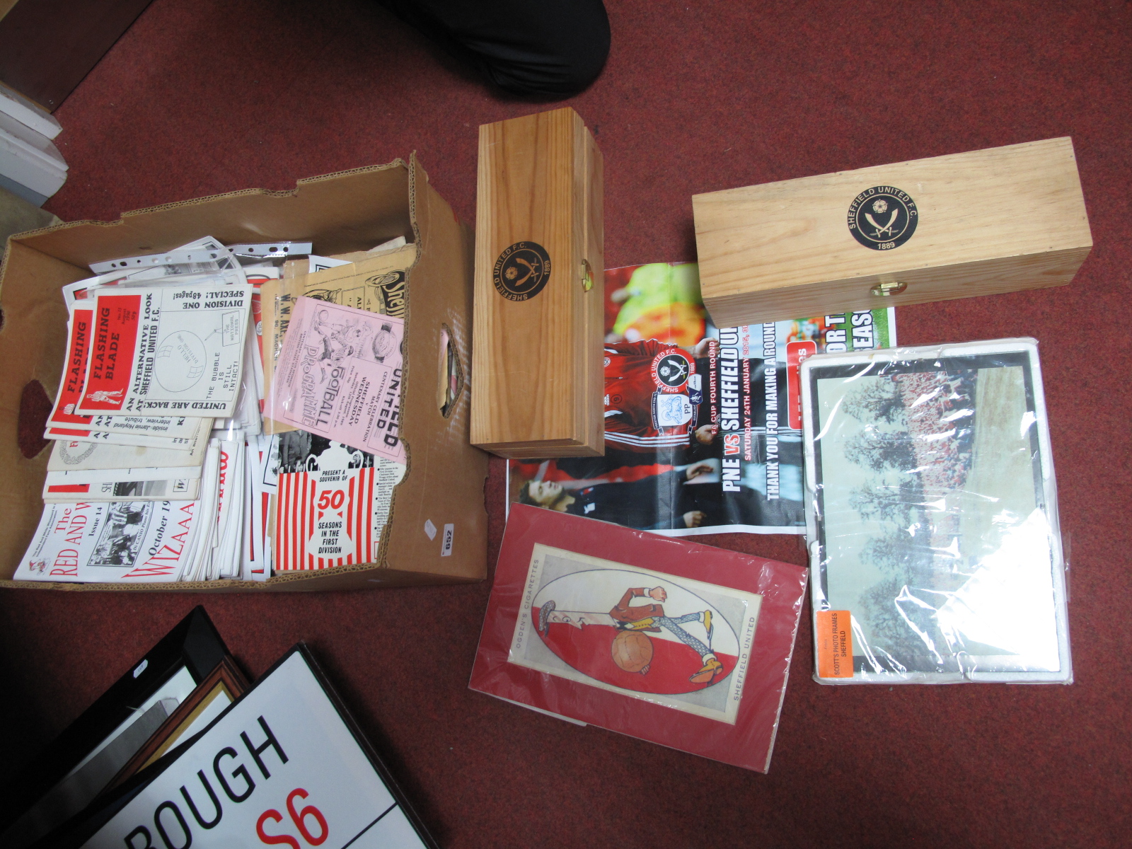 Sheffield United Memorabilia To Include Flashing Blade No 1, Newspapers, Champagne boxes:- One Box.