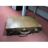 A Mid XX Century Stitched Tan Leather Travel Case, with studded corner protectors, initials rubbed