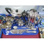 Three Piece Plated Tea Set; together with a James Dixon & Sons plated coffee pot, sugar tings,