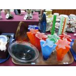 Handkerchief Style Vases, oval dish, other coloured glassware:- One Tray