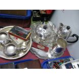 A Silver Plated Four Piece Tea Set, plated trays, swing handled dish, boxed and loose spoons, 1953