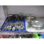 Three Hallmarked Silver Spoons, pair of lidded serving dishes, assorted plated cutlery, two bowls,