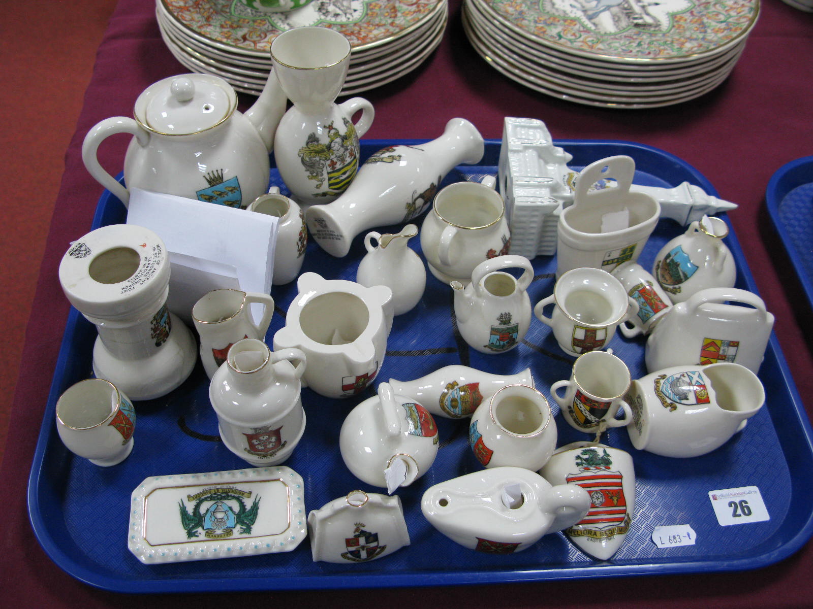 A Collection of 'Goss' Crested China, including 'Sussex' teapot, 'Blackpool' goblet and a Wilton