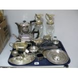 Assorted Plated Ware, including three piece tea set, sugar pot, pair of ewers, salts, sugar tongs,