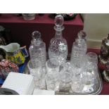 A Pair of Hobnail Whisky Decanters, gin decanter, whisky and brandy glasses, water bottle, plated