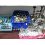 A Mixed Lot of Assorted Plated Cutlery, hallmarked silver teaspoons, toast rack, candlesticks,