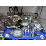 Plated Three Piece Tea Set, modern bottle holder, goblets, bowl, dish, Hutton Sheffield pewter hip