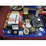 A Mantel Style Bedside Clock, trinket pots, Colibri lighter, commemorative coins, jewellery rolls,