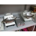 A Pair of 1960's Enamel Sweet Shop Scales, (up to 11b), plus a small metal set. (3)