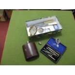 Jackson Bros Ltd Geometry Set, cased; miniature hand mirror, hip flask, Kaiser bedside clock, "Group