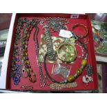 Assorted Costume Jewellery, including filigree bracelet, bead necklace, brooches, bangles, etc:- One
