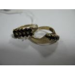 A 9ct Gold Two Row Ring, claw set throughout with uniform stones; together with a 9ct gold ring,