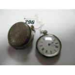 Two Openface Fob Watches, each with Roman numerals, in leaf scroll engraved case, (damages). (2)