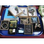 Kirks Folly and Other Costume Brooches, modern necklace, V & A locket pendant on chain, etc:- One