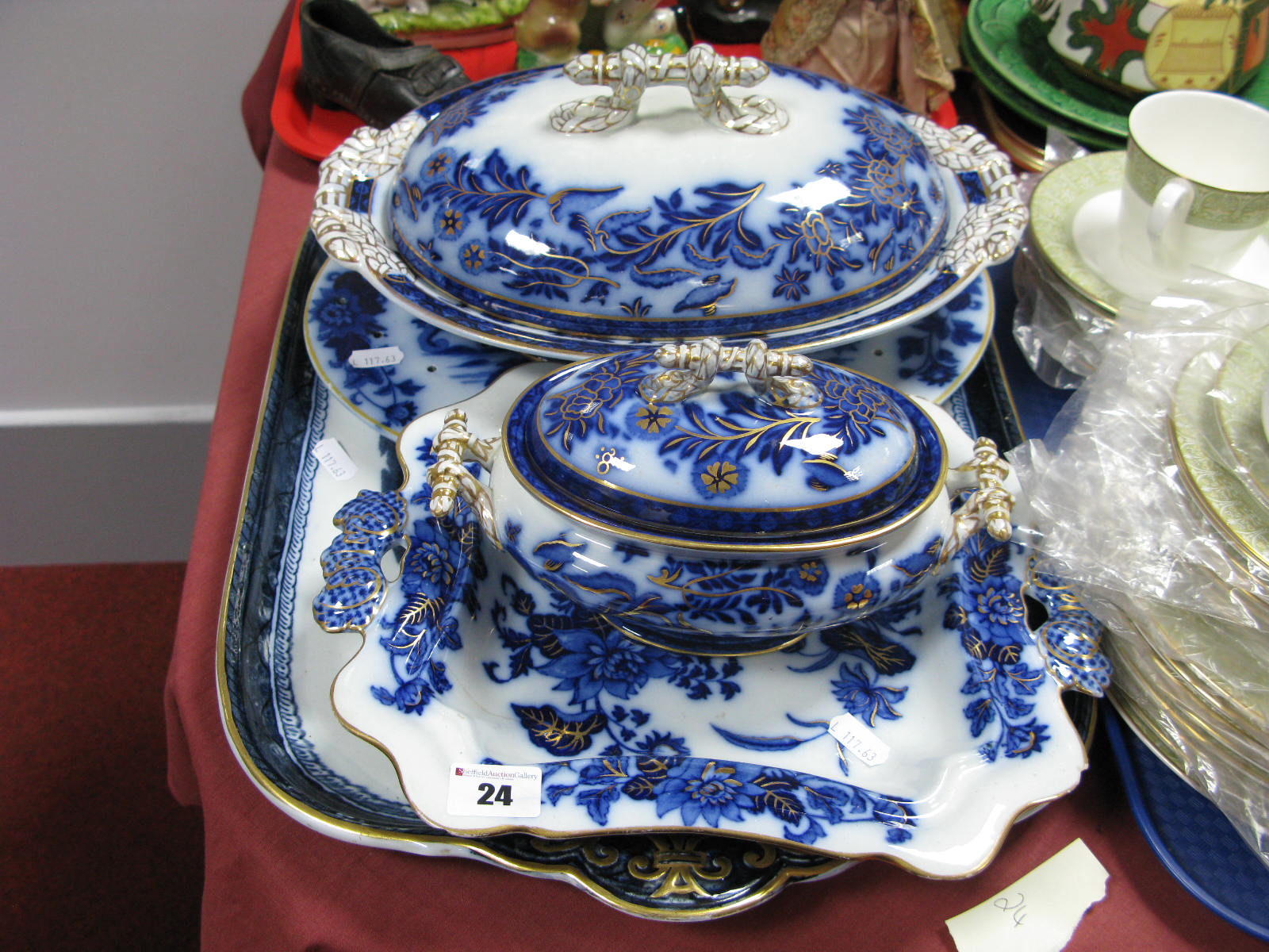 A XIX Century Ashworth Ironstone Twin Handled Tray, printed in blue with a Chinoiserie scene, gilt