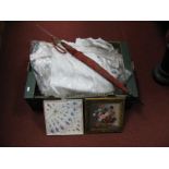 Braxon Sheets, Edwardian nightgowns, tablecloths, umbrella, handkerchiefs:- One Box