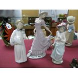 Nao Pottery Figurines, to include lilac dressed lady, girl with dove, time for bed. (3)