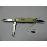 A Multi Function Folding Pocket Knife, the blades stamped "Harrods", including blades, saw, button