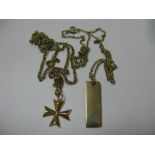 A 9ct Gold Ingot Pendant, on a chain; together with a Maltese Cross pendant on a chain.