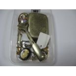 Costume Brooches, chains, EPNS cigarette case, tongs, etc.