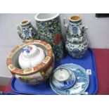 A Pair of Blue and White Vases, Chinese style sleeve vase, jardiniere, etc:- One Tray