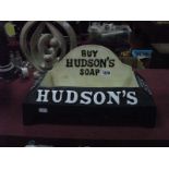 Advertising - Blue and White Painted Metal Dogs Water Crate "Buy Hudson's Soap".