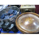 An Oak Pedestal Fruit Bowl, German clock, Miranda 10x50 binoculars, etc:- One Tray