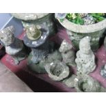 Concrete Garden Sculptures - including seated dogs, gnome, boots, frog, pedestal, etc. (8)