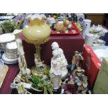 A Capo de Monte Table Lamp and Figures, Giamelli lady seated maiden, elves:- One Tray