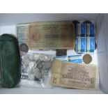 Sixpence Pieces and Other Coins, Post Office Tower 3d stamps, George VI Malta banknotes, etc.