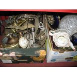 A Brass Bowl, plated bottle stand, plated teapot, light shade, African carving, etc:- Two Boxes