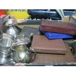 A Horn Handled Carving Set, with silver ferrules, other cased cutlery, pewter ware:- One Box