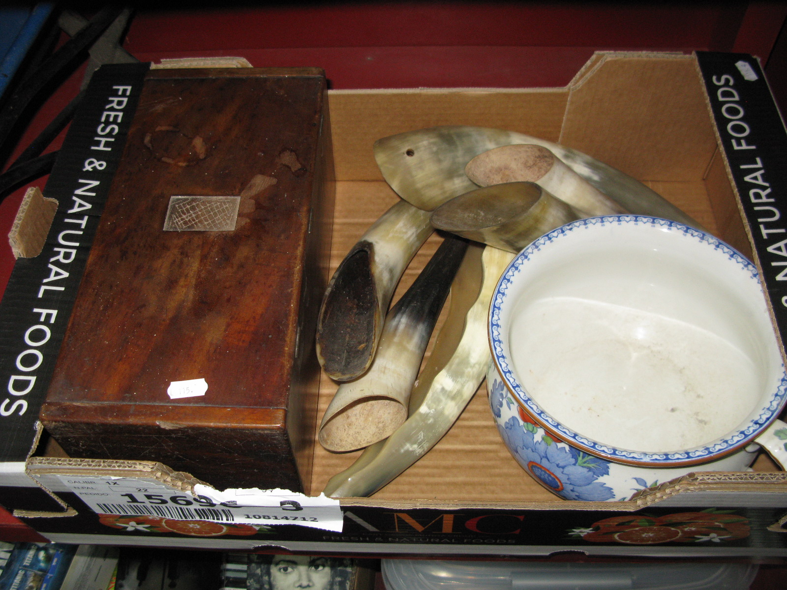 A XIX Century Bedside Chamber Pot, mahogany microscope box, horn flower pockets.