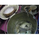 Two Victorian Brass Jam Pans, stoneware pancheon, bowls, jars, etc.