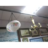 An Edwardian Mottled Glass Hanging Ceiling Lamp Shade, with coloured floral decoration and cream