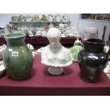 A XIX Century Stoneware Jug, mid XX Century vase; together with a plaster bust of a girl.