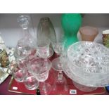 An Irish Glass decanter, etched wines, other glassware:- One Tray