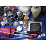 A Silver Pocketwatch, fob watch, condiments, mini clocks, sugar tongs, etc:- One Tray