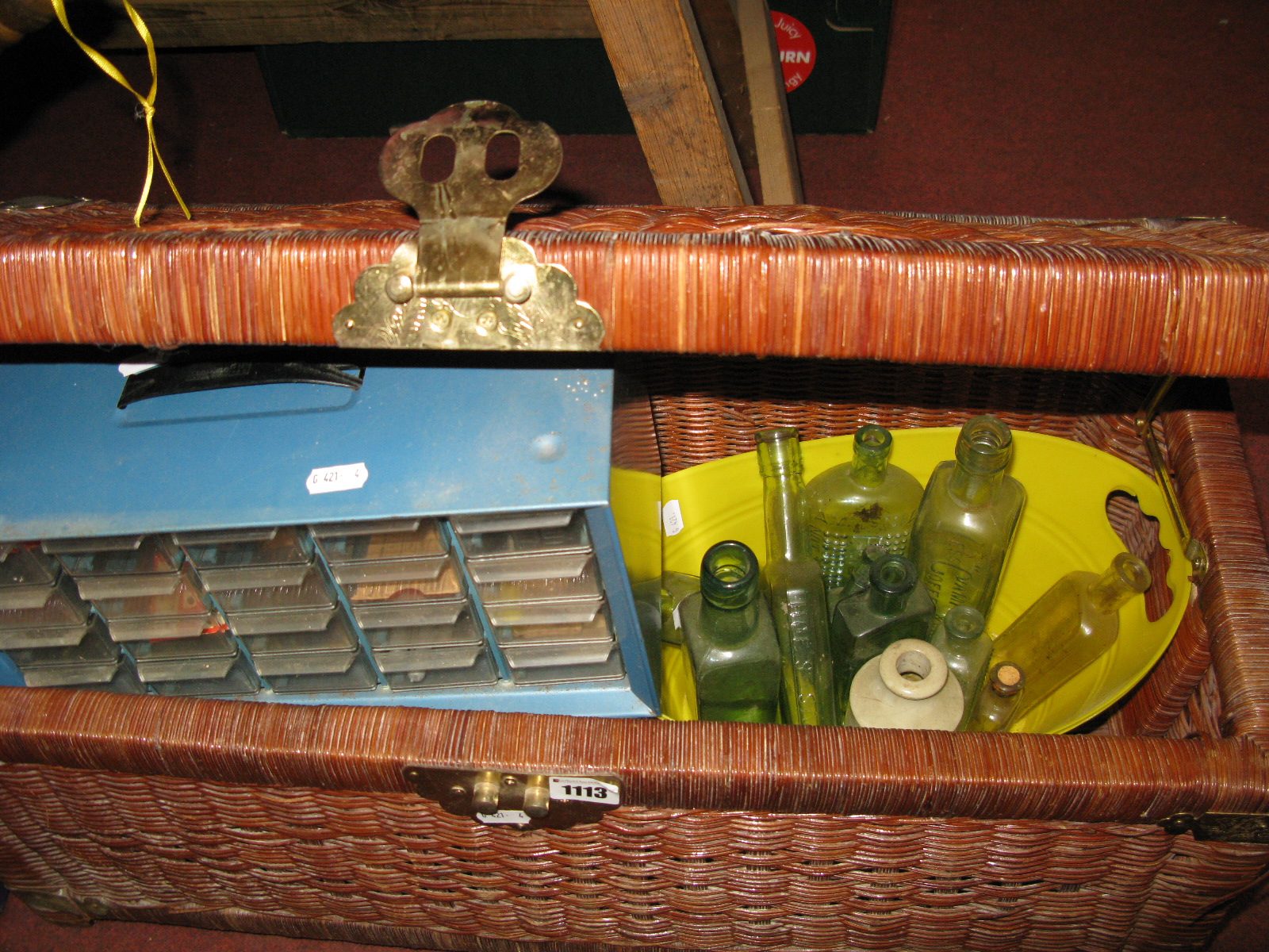 Vintage Glass Bottles, screws, hinges, fittings, etc, in wicker box.