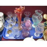 Caithness and Other Glass Vases, decorative drinking glasses, Mdina pink glass vase, etc:- One Tray