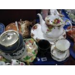 Royal Albert Old Country Roses Dinner Plates, teapot etc, Adams blue Jasperware biscuit barrel,