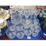 Suite of Etched Glassware, circa mid XX Century, comprising water jug, six champagne, five