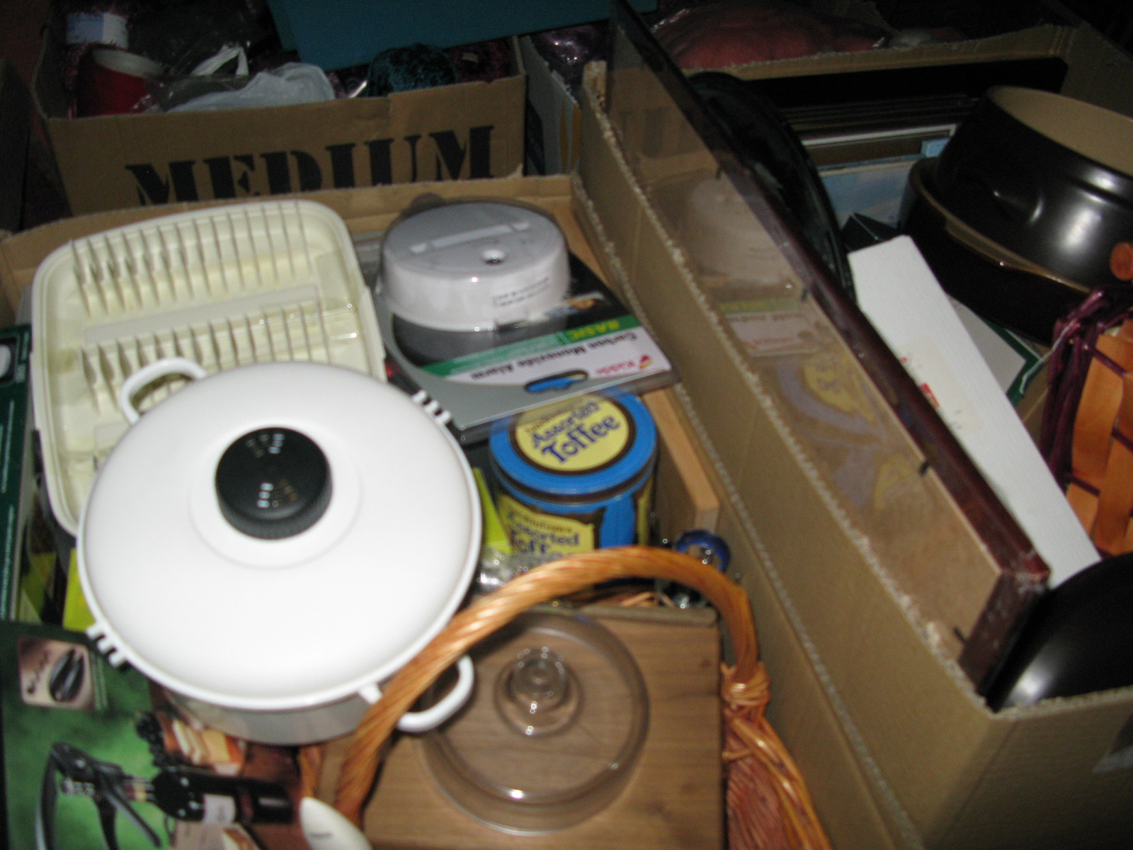 Kitchenalia, bowls, dishes, baskets, fire alarm, photo frames, wine carrier, etc:- Two Boxes
