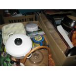 Kitchenalia, bowls, dishes, baskets, fire alarm, photo frames, wine carrier, etc:- Two Boxes