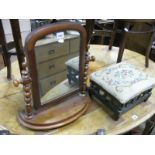 A XIX Century Mahogany Swing Toilet Mirror, with bobbin supports, foot stool with spindle supports.
