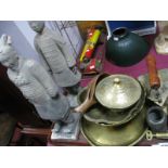 Two Terracotta Chinese Soldiers, (one damaged), brass flat iron, barrel tap, etc:- One Tray