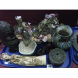 An African Style Carving, pair of Chinese resin figures, Indian style plated box, etc:- One Tray