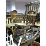 A Beech Rail Back Rocking Chair, with spindle supports, wicker chair, mirror, occasional table (4)